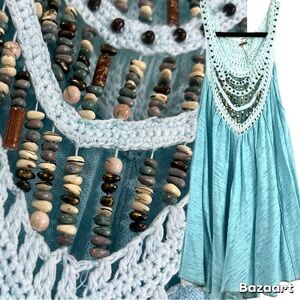 RARE Free People Crochet Beaded Neck Swing Tunic Tank Top Blouse Aqua Blue XS‎